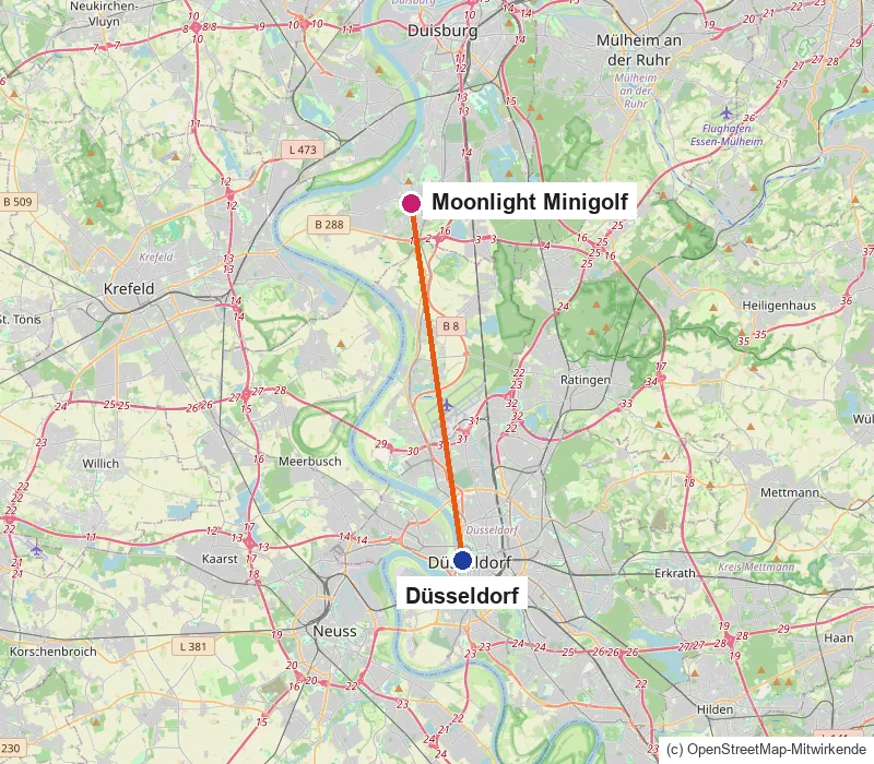 Karte mit Düsseldorf im Süden und dem Moonlight Minigolf im Süden von Duisburg